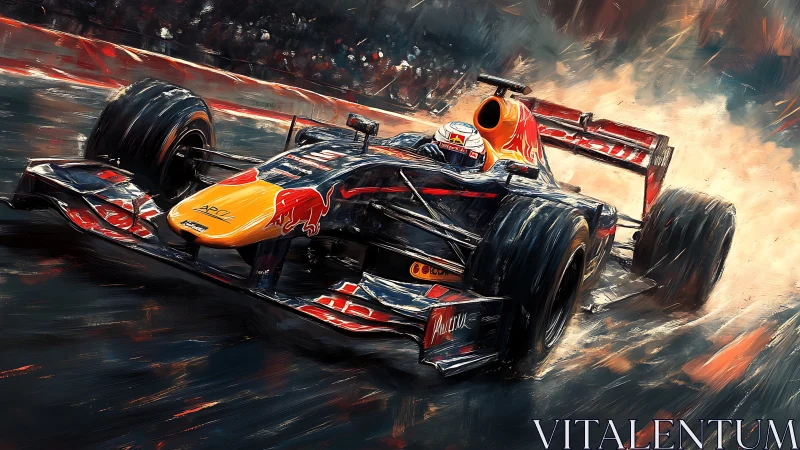 Formula race car in dynamic wet track digital painting.