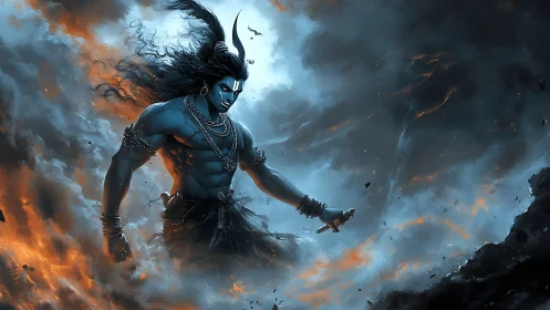 Mythic blue warrior in stormlit inferno with dynamic lighting