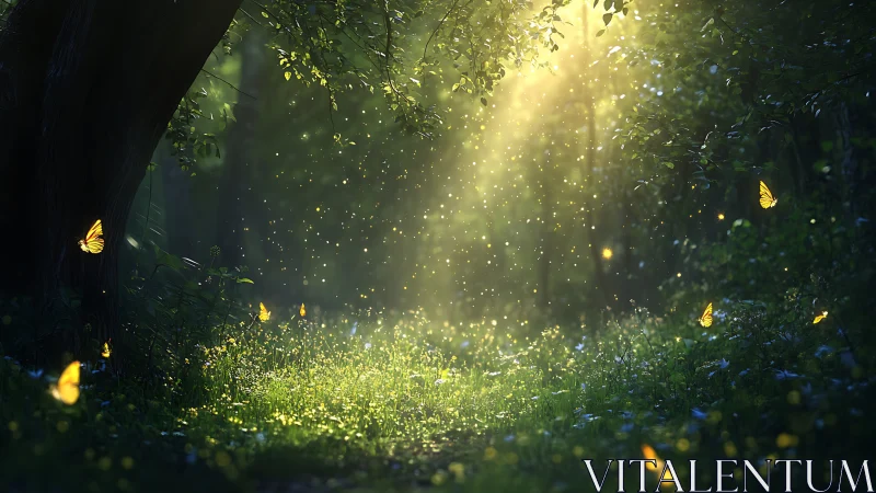 Glowing Magic: Where Fireflies Dance Through Forest Light.