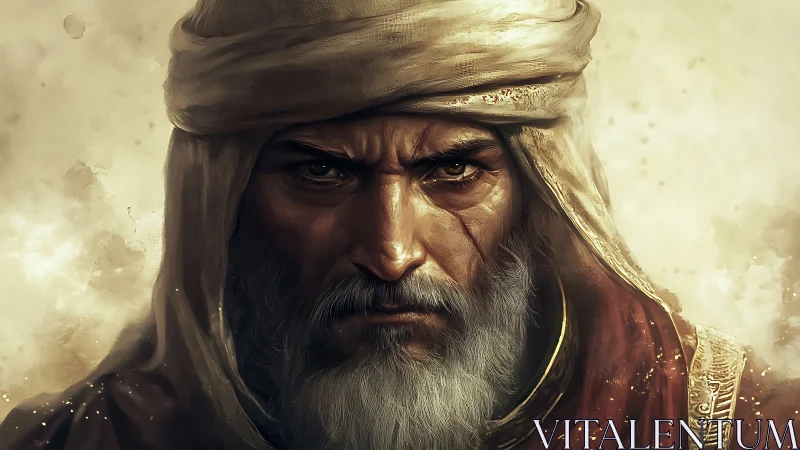 Older robed man in headscarf is rendered in frontal portrait