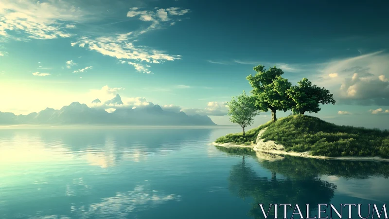 Solitary Tree on Grassy Promontory with Distant Mountain Lake