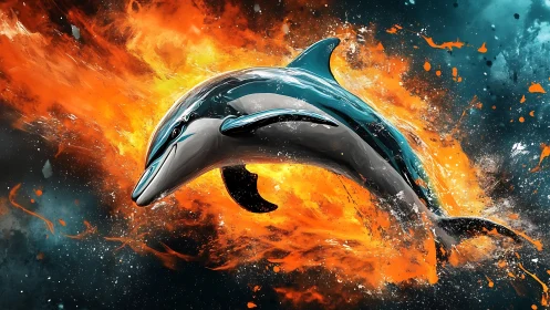Digital painting of a leaping dolphin in explosive firestorm backdrop.