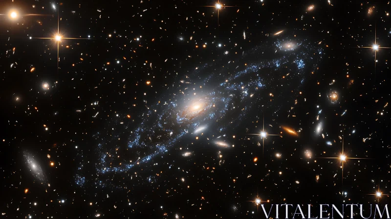Spiral galaxy captured among dense background field of galaxies