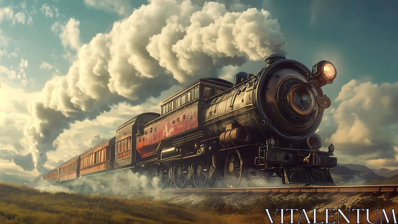 Steam locomotive pulling passenger carriages in landscape.