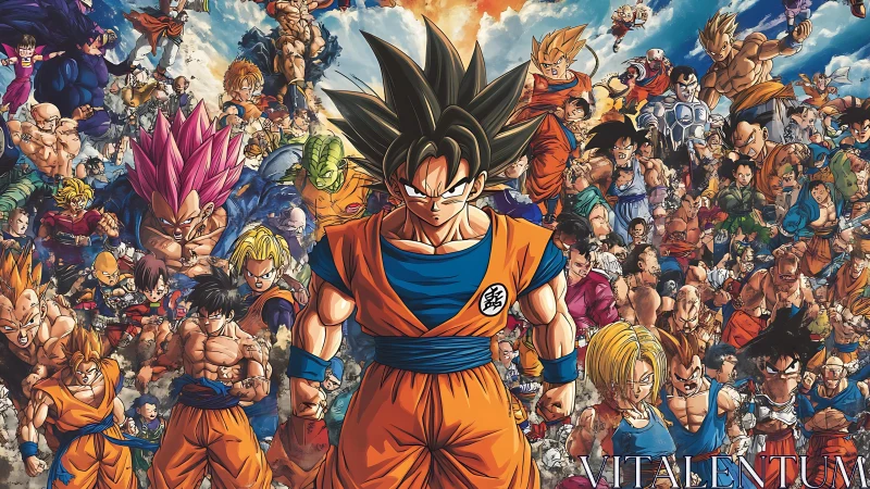 Epic anime heroes stand united in a colorful battle collage