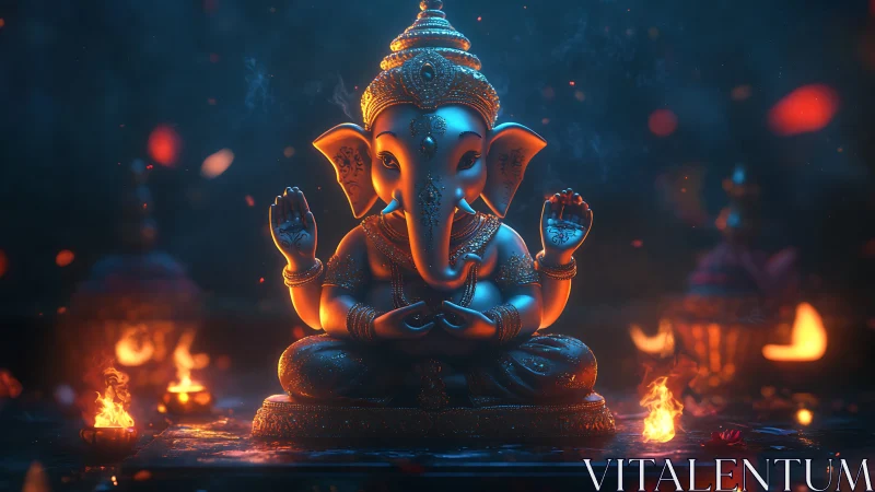 Ganesh idol in cinematic bokeh with ritual firelight glow.