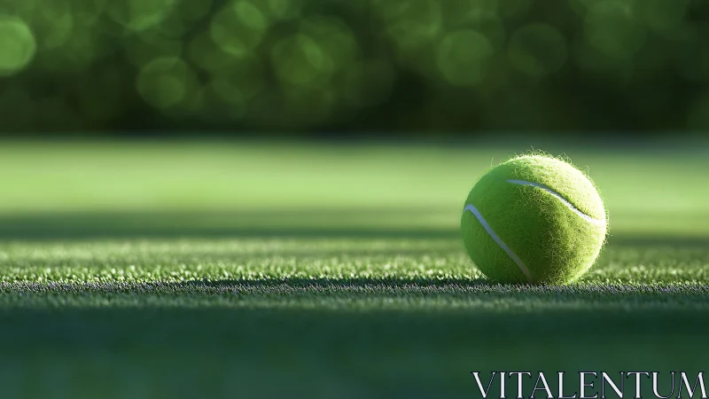 Sunlit tennis ball pausing on emerald grass between rallies.