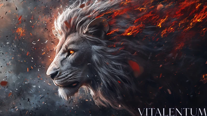 Fiery lion portrait with blazing mane in smoky darkness.