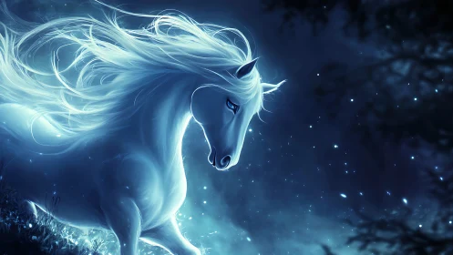 Moonlit spirit horse drifts gently through a glowing night