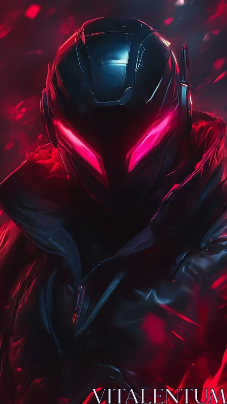 Cybernetic vigilante stands in red neon haze