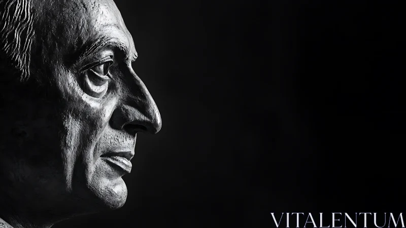 Bronze profile bust in stark side light against black void.