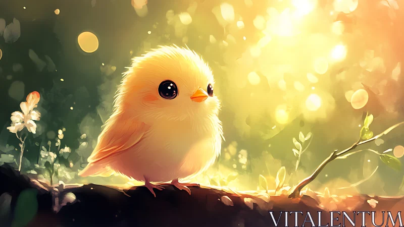 Fluffy baby bird in dreamy sunlight, digital painting style.