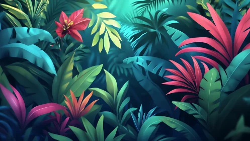 Luminous tropical foliage with vivid neon jungle blooms.