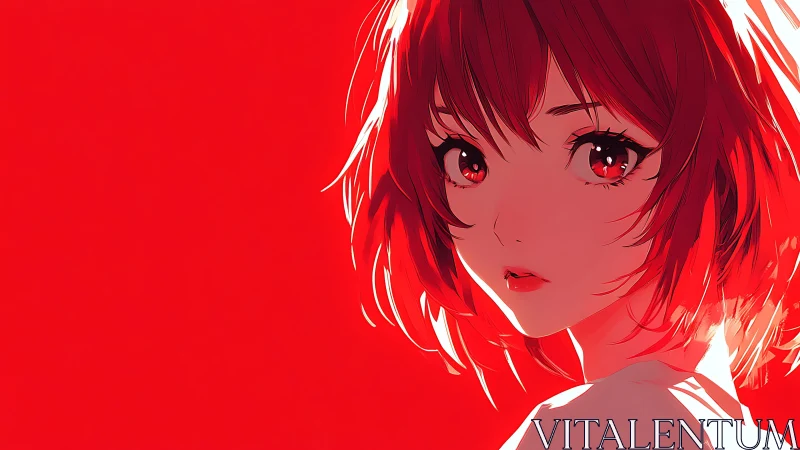 Red-haired anime girl turns under stark crimson light