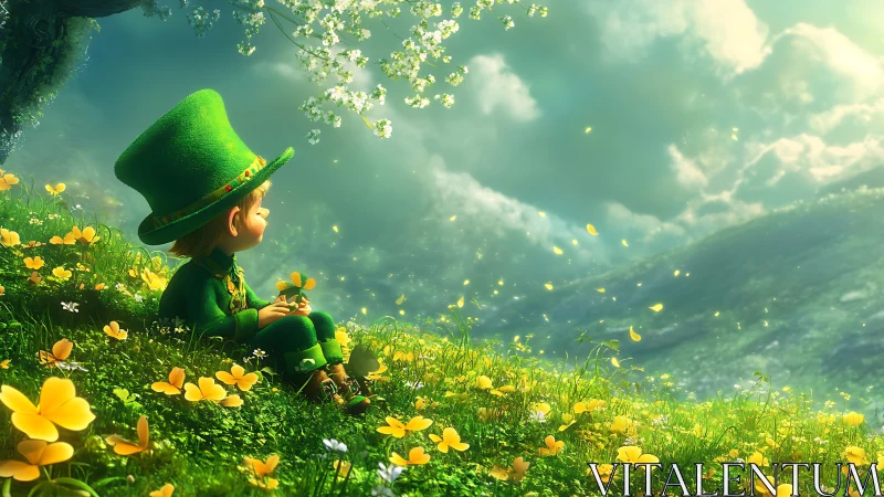 Dreamy leprechaun rests in a glowing spring meadow at dawn