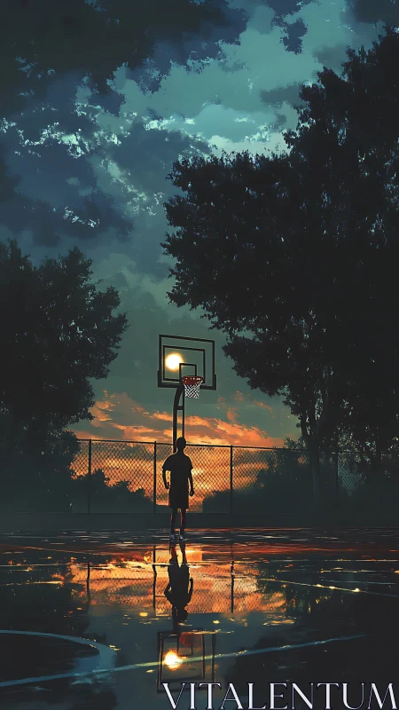 Solitary player faces a glowing hoop on a rainlit dusk court