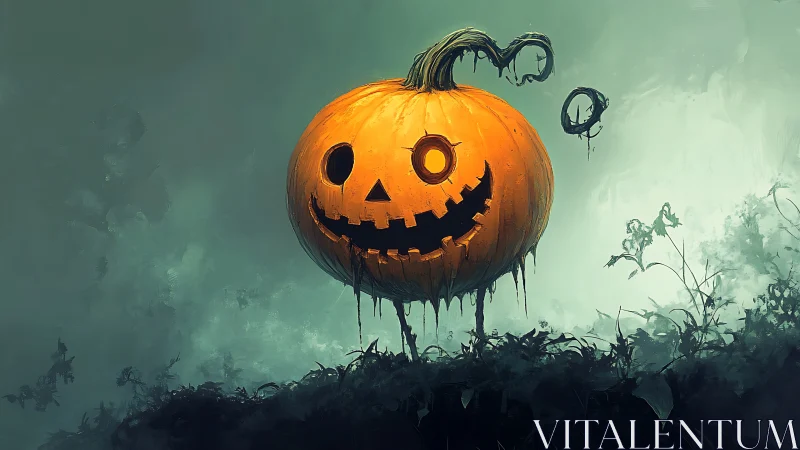 Playful glowing jack o’ lantern brightens a misty night.