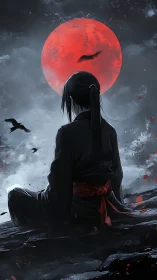 Lone warrior studies blood moon over storm-swept crags.