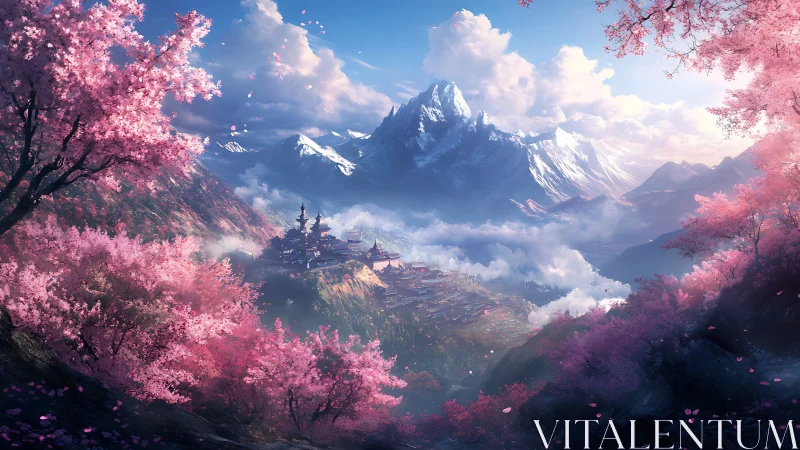 Blossom-framed mountain temples rest above soft drifting clouds