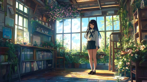Sunlit greenhouse classroom with anime schoolgirl in uniform