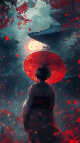 Crimson parasol drinks moonlight beneath misty temple eaves