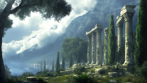 Sunlit ancient columns beside a tranquil misty shoreline.