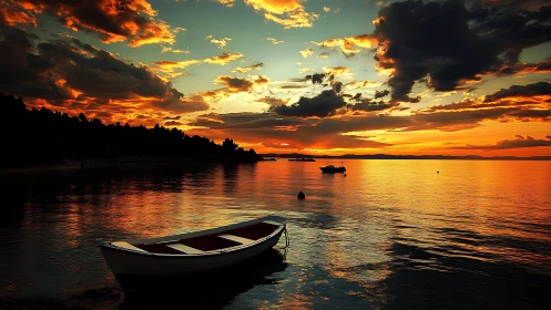 Photorealistic sunset seascape with moored rowboat foreground.