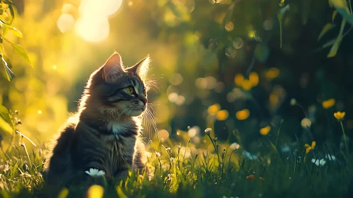 Photorealistic feline portrait in golden hour meadow light.