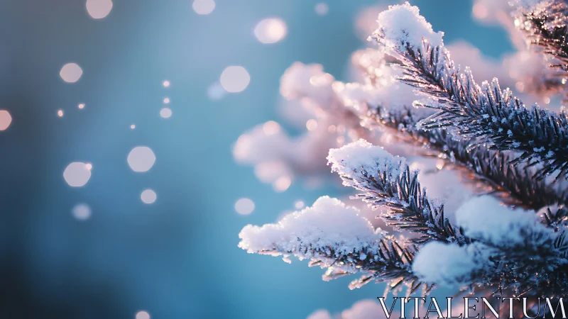 Snow dusted evergreen needles with soft winter bokeh glow.