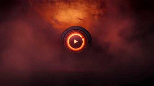Futuristic glowing play button in smoky, dark digital atmosphere.