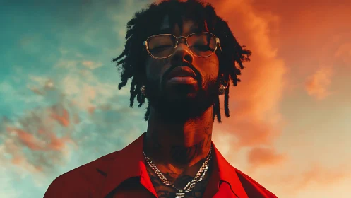 Portrait captures confident man under dramatic sunset sky