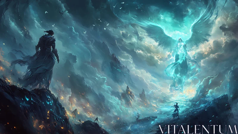 Celestial guardian confronts lone warriors in stormlit abyss.