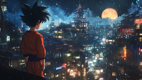 Child in orange gi observing dense neon city at night.