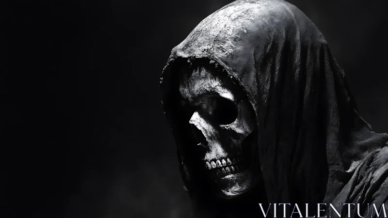 Grim reaper portrait in high-contrast monochrome lighting.