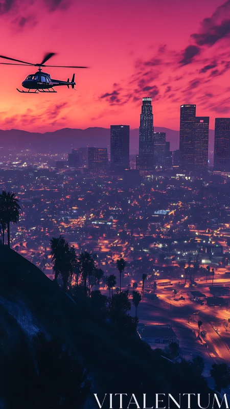 Helicopter crosses neon-lit city skyline at vivid sunset