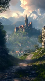 Sunlit mountain citadel crowning a misty medieval valley.