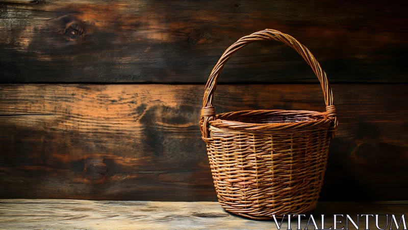 Woven basket resting softly against rustic wooden boards.