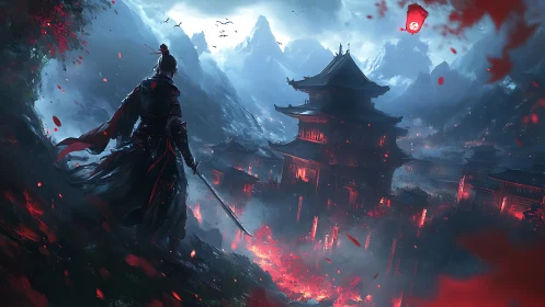 Lone samurai surveys burning mountain temple under stormy sky