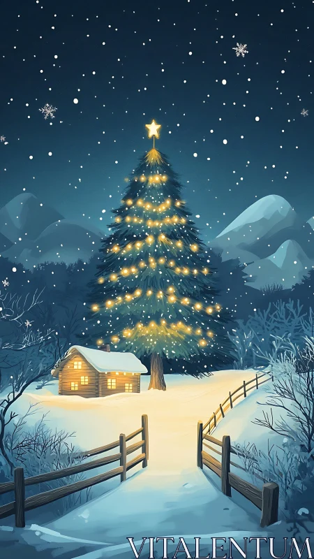 Snowfield cabin and illuminated fir under nocturnal snowfall.