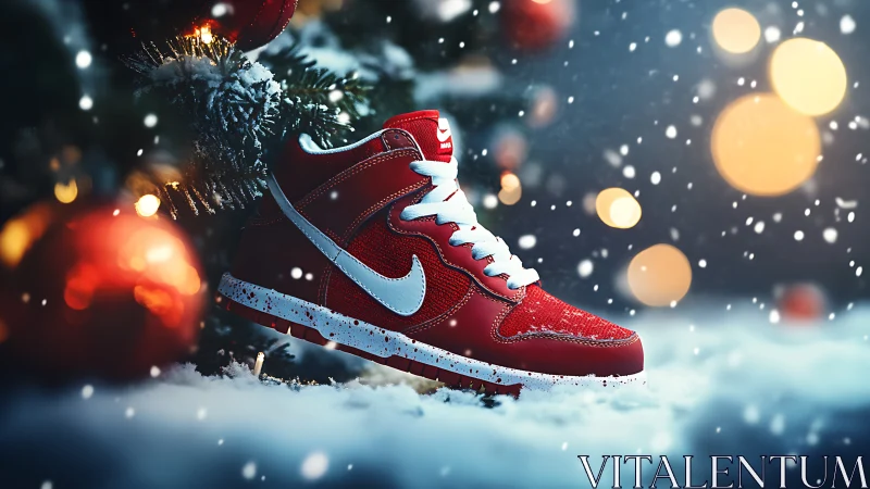 Red sneaker under snow with tree ornaments in background.