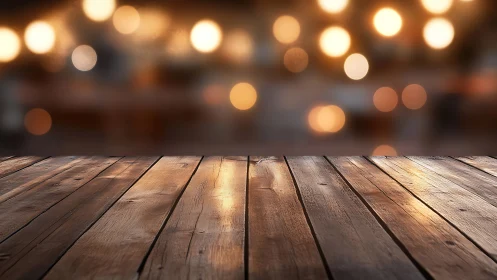 Weathered wood tabletop under dreamy golden bokeh glow.