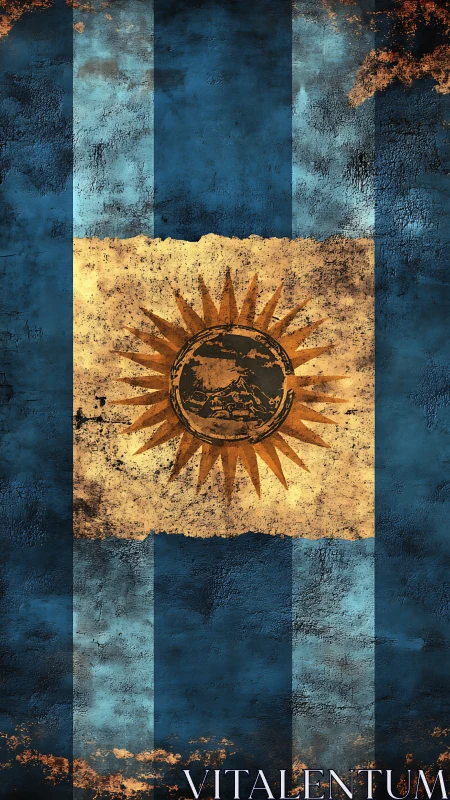 Weathered sun emblem blazes on distressed blue banner.