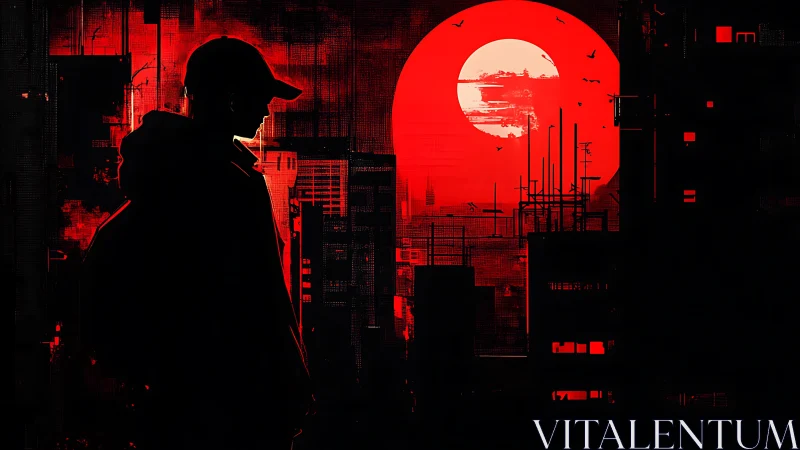 Solitary urban wanderer under a blazing red cyber moon.