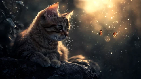 Whisker Wonder Contemplates Dancing Butterflies in Golden Twilight