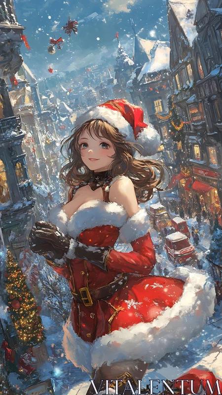 Smiling girl in Santa dress walks through snowy festive street