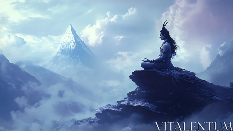 Meditating figure on mountain ledge in misty blue landscape.