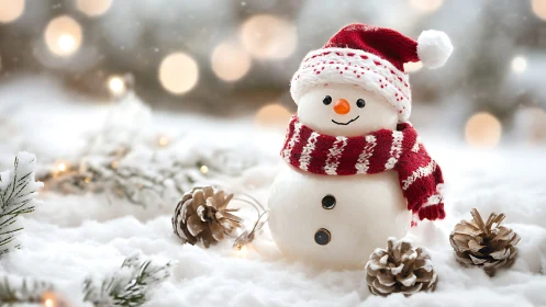 Snowy scarfed snowman beams amid twinkling winter lights