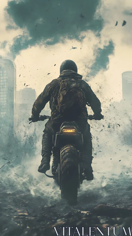 Stormy city rider powers forward through swirling debris