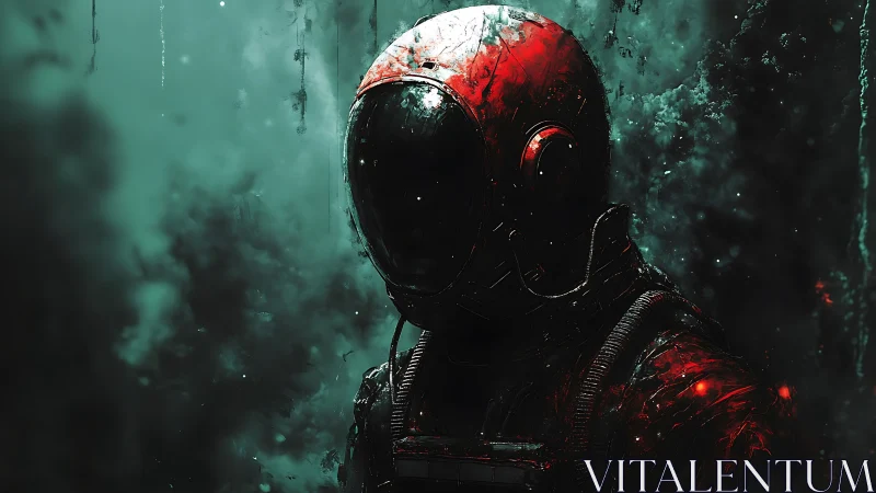 Figure in red-encrusted spacesuit stands in dark teal mist