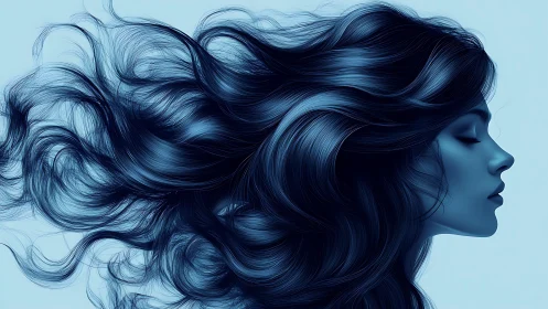 Profile portrait shows flowing blue hair in sculpted motion.